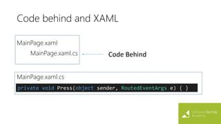 Code behind and XAML
MainPage.xaml
MainPage.xaml.cs Code Behind
MainPage.xaml.cs
private void Press(object sender, RoutedEventArgs e) { }
 