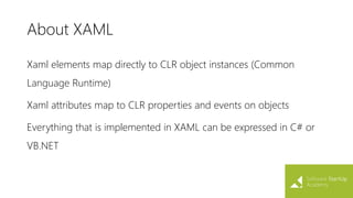 About XAML
Xaml elements map directly to CLR object instances (Common
Language Runtime)
Xaml attributes map to CLR properties and events on objects
Everything that is implemented in XAML can be expressed in C# or
VB.NET
 