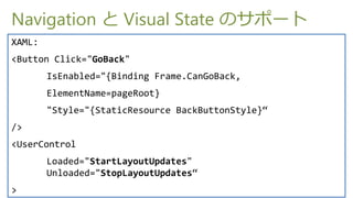 Navigation  Visual State Υݩ`
XAML:
<Button Click="GoBack"
        IsEnabled="{Binding Frame.CanGoBack,
        ElementName=pageRoot}
        "Style="{StaticResource BackButtonStyle}
/>
<UserControl
        Loaded="StartLayoutUpdates"
        Unloaded="StopLayoutUpdates
>
 