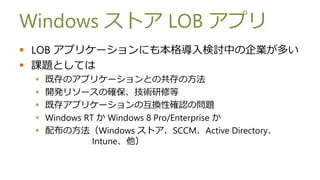 Windows ȥ LOB ץ
? LOB ץꥱ`ˤⱾӑФIत
? n}ȤƤ
 ?   ȴΥץꥱ`Ȥιη
 ?   _k꥽`δ_g޵
 ?   ȴ楢ץꥱ`λQԴ_JΆ}
 ?   Windows RT  Windows 8 Pro/Enterprise 
 ?   䲼ηWindows ȥSCCMActive Directory
               Intune
 