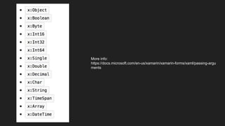 More info:
https://docs.microsoft.com/en-us/xamarin/xamarin-forms/xaml/passing-argu
ments
 