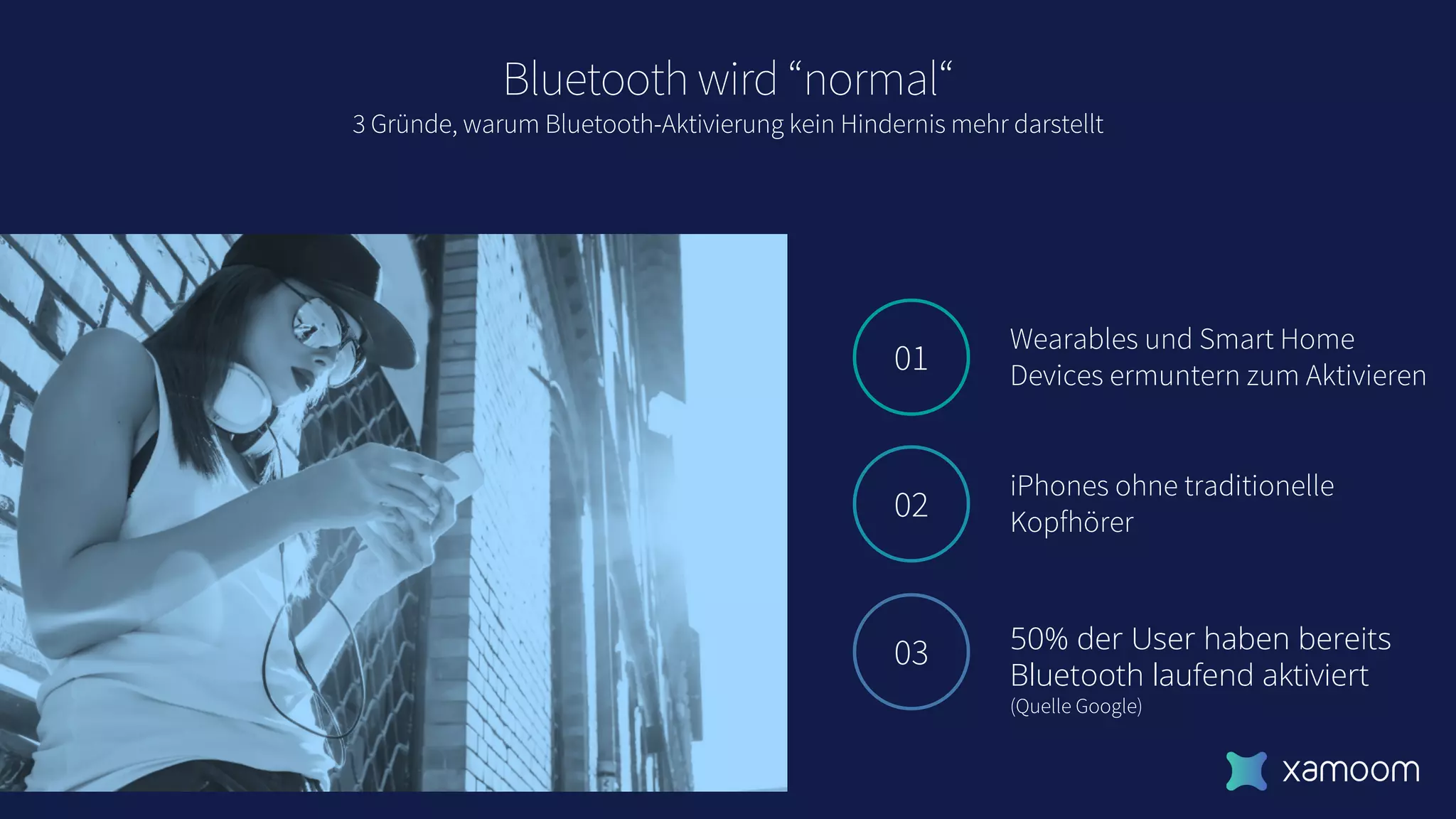 Bluetooth wird “normal“
3 Gründe, warum Bluetooth-Aktivierung kein Hindernis mehr darstellt
01
02
03
Wearables und Smart Home
Devices ermuntern zum Aktivieren
iPhones ohne traditionelle
Kopfhörer
50% der User haben bereits
Bluetooth laufend aktiviert
(Quelle Google)
 