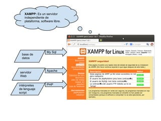 XAMPP: Es un servidor
independiente de
plataforma, software libre.
My Sql
PHP
Apache
base de
datos
servidor
Web
intérpretes
de lenguaje
script
 