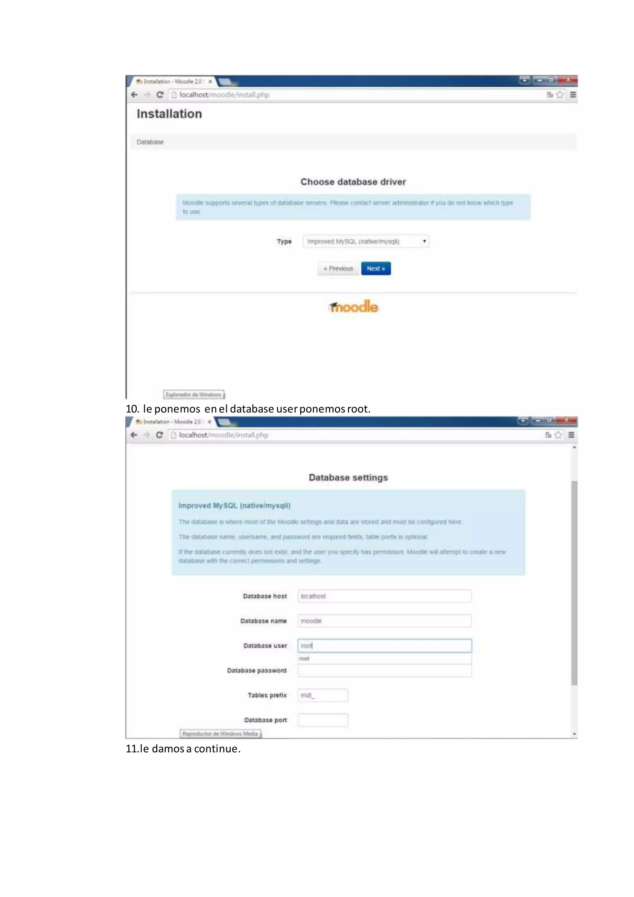 10. le ponemos enel database userponemosroot.
11.le damosa continue.
 