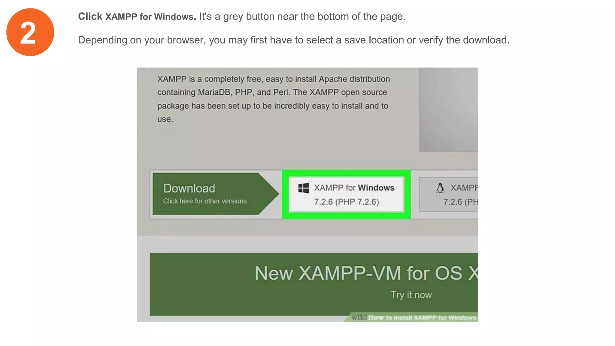 2
Click XAMPP for Windows. It's a grey button near the bottom of the page.
Depending on your browser, you may first have to select a save location or verify the download.
 