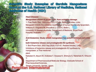 Heart Disease:
Mangosteen shown to protect LDL from oxidative damage.
1: Free Radic Res. 1995 Aug;23(2):175-84. Related Articles, Links
Mangostin inhibits the oxidative modification of human low density lipoprotein.
Williams P, Ongsakul M, Proudfoot J, Croft K, Beilin L.
University of Western Australia, Department of Medicine, Royal Perth
Hospital, Australia.

Anti-histamine: Study shows mangosteen has potent inhibitory activities
of
both histamine release and prostaglandin E2 synthesis.
1: Biol Pharm Bull. 2002 Sep;25(9):1137-41. Related Articles, Links
Inhibitions of histamine release and prostaglandin E2 synthesis by
mangosteen, a Thai medicinal
plant.
Nakatani K, Atsumi M, Arakawa T, Oosawa K, Shimura S, Nakahata N, Ohizumi
Y.
Department of Pharmaceutical Molecular Biology, Graduate School of
Pharmaceutical Sciences,
Tohoku University, Sendai, Japan.
 