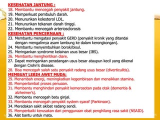 KESEHATAN JANTUNG :
18. Membantu mencegah penyakit jantung.
19. Memperkuat pembuluh darah.
20. Menurunkan kolesterol LDL.
21. Menurunkan tekanan darah tinggi.
22. Membantu mencegah arteriosclorosis
KESEHATAN PENCERNAAN :
23. Membantu mengatasi penyakit GERD (penyakit kronik yang ditandai
     dengan mengalirnya asam lambung ke dalam kerongkongan).
24. Membantu menyembuhkan borok/bisul.
25. Meringankan syndrome kelainan usus besar (IBS).
26. Membantu menghentikan diare.
27. Dapat meringankan peradangan usus besar ataupun kecil yang dikenal
    dengan Crohn’s disease.
28. Bisa mencegah salah satu penyakit radang usus besar (diverticulitis).
MEMBUAT LEBIH AWET MUDA:
29. Menambah energi, meningkatkan kegembiraan dan menaikkan stamina.
30. Memperlambat proses penuaan.
31. Membantu menghindari penyakit kemerosotan pada otak (dementia &
     alzheimer’s).
32. Membantu mencegah batu ginjal.
33. Membantu mencegah penyakit system syaraf (Parkinson).
34. Meredakan sakit akibat radang sendi.
35. Memperbaiki kerusakan dari penggunaan obat penghilang rasa sakit (NSAID).
36. Alat bantu untuk mata.
 