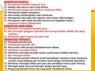 KESEHATAN WANITA:
56. Meringankan kesulitan buang air kecil.
57. Sebagai obat pencuci perut yang lembut.
58. Meminimalkan gejala sakit sebelum menstruasi (PMS).
59. Meringankan gejala menopause.
60. Menurunkan pembengkakan saat menstruasi.
61. Meringankan sakit pada otot, ligamen, atau tendon (fibromyalgia).
62. Meringankan sakit akibat penyakit menurunnya kepadatan tulang /
    pengapuran tulang (osteoporosis)
KESEHATAN ANAK-ANAK:
63. Membantu meringankan penyakit asma.
64. Bisa mencegah gangguan hyperaktif dan kurang perhatian (ADHD) dan alergi
     makanan.
65. Membentuk gigi & tulang yang lebih kuat
MENGATASI PENYAKIT:
66. Mencegah penyakit gusi.
67. Memberantas penyakit TBC.
68. Menurunkan efek samping ketidaktoleranan laktosa.
69. Membantu mencegah disentri.
70. Membantu mencegah penyakit system syaraf pusat (multiple sclerosis).
71. Bisa mencegah kanker.
72. Meringankan penyakit inflamasi kronik (peradangan menahun) yang menyerang
     struktur tulang belakang dan terutama sendi panggul (Ankylosing Spondylitis.
73. Membantu mencegah infeksi paru-paru dan pernafasan kronis (cystic fibrosis).
74. Mencegah gejala yang berhubungan dengan penyakit lupus.
75. Mengurangi penyakit lemas otot yang parah (Myasthenia Gravis)
 