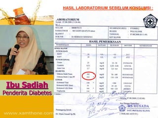 HASIL LABORATORIUM SEBELUM KONSUMSI :




 Ibu Sadiah
Penderita Diabetes
 