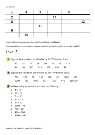 Entry Activity


       x                   5                    9                                     3
       2                                                           14
       3                                                                                                  12
                                              45
       6
                          35
Today I will learn to solve problems by multiplying and dividing by 10 Level 3

Challenge objective: to solve problems involving multiplying and dividing by 10, 100 and 1000 Level 4/5


Level 3




Saved as X and dividing by powers of 10 worksheet
 