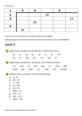 X and dividing by powers of 10 worksheet | PDF