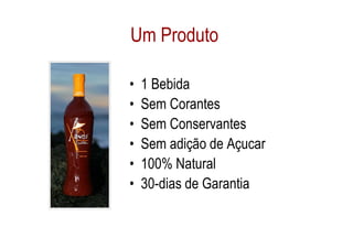 Um Produto

•   1 Bebida
•   Sem Corantes
•   Sem Conservantes
•   Sem adição de Açucar
•   100% Natural
•   30-dias de Garantia
 