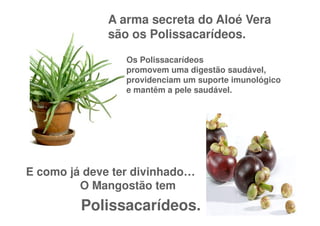 A arma secreta do Aloé Vera
              são os Polissacarídeos.

                 Os Polissacarídeos
                 promovem uma digestão saudável,
                 providenciam um suporte imunológico
                 e mantêm a pele saudável.




E como já deve ter divinhado…
         O Mangostão tem
         Polissacarídeos.
 