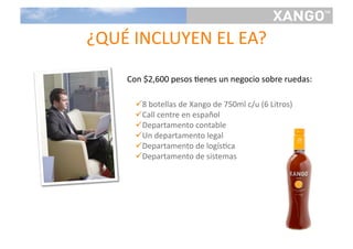 ¿QUÉ INCLUYEN EL EA? 
    Con $2,600 pesos Henes un negocio sobre ruedas: 

       8 botellas de Xango de 750ml c/u (6 Litros) 
       Call centre en español 
       Departamento contable 
       Un departamento legal 
       Departamento de logísHca 
       Departamento de sistemas 
 