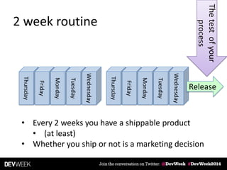 Thursday
Friday
Monday
Tuesday
Wednesday
2 week routine
Thursday
Friday
Monday
Tuesday
Wednesday
Release
Thetestofyour
process
• Every 2 weeks you have a shippable product
• (at least)
• Whether you ship or not is a marketing decision
 