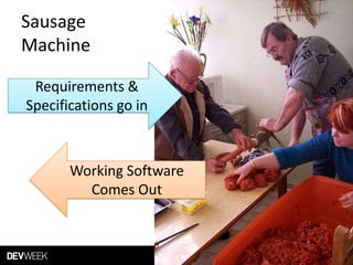 Sausage
Machine
Requirements &
Specifications go in
Working Software
Comes Out
 