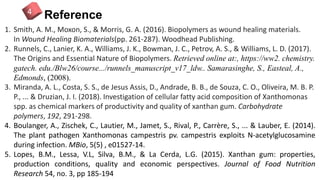 Reference4
1. Smith, A. M., Moxon, S., & Morris, G. A. (2016). Biopolymers as wound healing materials.
In Wound Healing Biomaterials(pp. 261-287). Woodhead Publishing.
2. Runnels, C., Lanier, K. A., Williams, J. K., Bowman, J. C., Petrov, A. S., & Williams, L. D. (2017).
The Origins and Essential Nature of Biopolymers. Retrieved online at:, https://ww2. chemistry.
gatech. edu./Blw26/course.../runnels_manuscript_v17_ldw.. Samarasinghe, S., Easteal, A.,
Edmonds, (2008).
3. Miranda, A. L., Costa, S. S., de Jesus Assis, D., Andrade, B. B., de Souza, C. O., Oliveira, M. B. P.
P., ... & Druzian, J. I. (2018). Investigation of cellular fatty acid composition of Xanthomonas
spp. as chemical markers of productivity and quality of xanthan gum. Carbohydrate
polymers, 192, 291-298.
4. Boulanger, A., Zischek, C., Lautier, M., Jamet, S., Rival, P., Carrère, S., ... & Lauber, E. (2014).
The plant pathogen Xanthomonas campestris pv. campestris exploits N-acetylglucosamine
during infection. MBio, 5(5) , e01527-14.
5. Lopes, B.M., Lessa, V.L, Silva, B.M., & La Cerda, L.G. (2015). Xanthan gum: properties,
production conditions, quality and economic perspectives. Journal of Food Nutrition
Research 54, no. 3, pp 185-194
 