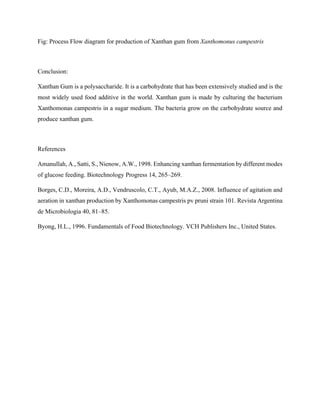 Fig: Process Flow diagram for production of Xanthan gum from Xanthomonus campestris
Conclusion:
Xanthan Gum is a polysaccharide. It is a carbohydrate that has been extensively studied and is the
most widely used food additive in the world. Xanthan gum is made by culturing the bacterium
Xanthomonas campestris in a sugar medium. The bacteria grow on the carbohydrate source and
produce xanthan gum.
References
Amanullah, A., Satti, S., Nienow, A.W., 1998. Enhancing xanthan fermentation by different modes
of glucose feeding. Biotechnology Progress 14, 265–269.
Borges, C.D., Moreira, A.D., Vendruscolo, C.T., Ayub, M.A.Z., 2008. Influence of agitation and
aeration in xanthan production by Xanthomonas campestris pv pruni strain 101. Revista Argentina
de Microbiologia 40, 81–85.
Byong, H.L., 1996. Fundamentals of Food Biotechnology. VCH Publishers Inc., United States.
 