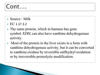  Source - Milk
 EC 1.17.3.2
 The same protein, which in humans has gene
symbol XDH, can also have xanthine dehydrogenase
activity.
 Most of the protein in the liver exists in a form with
xanthine dehydrogenase activity, but it can be converted
to xanthine oxidase by reversible sulfhydryl oxidation
or by irreversible proteolytic modification.
 