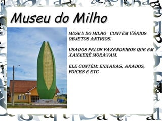 Museu do MilhoMuseu do Milho
museu do milho coNtém váriosmuseu do milho coNtém vários
objetos aNtigos.objetos aNtigos.
usados pelos fazeNdeiros que emusados pelos fazeNdeiros que em
xaNxerê moravam.xaNxerê moravam.
ele coNtém: eNxadas, arados,ele coNtém: eNxadas, arados,
foices e etcfoices e etc.
 