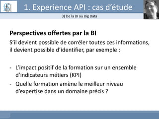 Perspectives offertes par la BI
S’il devient possible de corréler toutes ces informations,
il devient possible d’identifier, par exemple :
- L’impact positif de la formation sur un ensemble
d’indicateurs métiers (KPI)
- Quelle formation amène le meilleur niveau
d’expertise dans un domaine précis ?
3) De la BI au Big Data
1. Experience API : cas d’étude
 