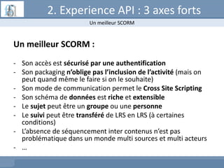 2. Experience API : 3 axes forts
Un meilleur SCORM :
- Son accès est sécurisé par une authentification
- Son packaging n’oblige pas l’inclusion de l’activité (mais on
peut quand même le faire si on le souhaite)
- Son mode de communication permet le Cross Site Scripting
- Son schéma de données est riche et extensible
- Le sujet peut être un groupe ou une personne
- Le suivi peut être transféré de LRS en LRS (à certaines
conditions)
- L’absence de séquencement inter contenus n’est pas
problématique dans un monde multi sources et multi acteurs
- …
Un meilleur SCORM
 