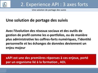 2. Experience API : 3 axes forts
Une solution de portage des suivis
Avec l’évolution des réseaux sociaux et des outils de
...