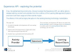 2
Activity
Provider
Learning
Record Store
Statement
If we, the global learning community, choose to adopt the Experience API, we will be able to
release learning content and activities from the confines of the Learning Management System,
and track both their usage and their real-life impact.
The effects of this will be highly disruptive to the existing learning technology marketplace.
At its most basic, the Experience API allows one system (the
activity provider) to send a message (known as a statement)
to another system (the Learning Record Store) about
something a user has done.
This paper will:
1.  Consider the benefits of the Experience API over existing
technologies
2.  Explore some of the issues that you might need to face
when implementing the Experience API
3.  Illustrate how to get started with the Experience API
Experience API - exploring the potential
This work by Wyver Solutions Ltd
is licensed under a Creative Commons Attribution-
NonCommercial-ShareAlike 3.0 Unported License.
 