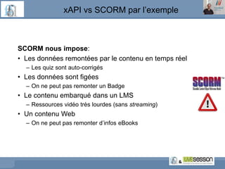 xAPI vs SCORM par l’exemple
SCORM nous impose:
• Les données remontées par le contenu en temps réel
– Les quiz sont auto-c...