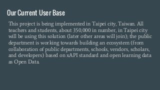 Our Current User Base
This project is being implemented in Taipei city, Taiwan. All
teachers and students, about 350,000 in number, in Taipei city
will be using this solution (later other areas will join); the public
department is working towards building an ecosystem (from
collaboration of public departments, schools, vendors, scholars,
and developers) based on xAPI standard and open learning data
as Open Data.
 