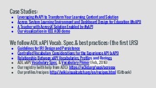 Case Studies:
● Leveraging #xAPI to Transform Your Learning Content and Solution
● Across System Learning Environment and Dashboard Design for Education (#xAPI)
● A Teacher with AcrossX Solution Enabled by #xAPI
● Our visualization in IEEE ADB demo
We follow ADL xAPI Vocab. Spec.& best practices: (the first LRS)
● Guidelines for IRI Design and Persistence
● Controlled Vocabulary Considerations for the Experience API (xAPI)
● Relationship Between xAPI Vocabularies, Profiles, and Recipes
● ADL xAPI Vocabulary Spec. & Vocabulary Primer (Feb., 2016)
● Our registry (with help from ADL): https://w3id.org/xapi/acrossx
● Our profiles/recipes: http://wiki.visualcatch.org/en/recipes.html (Gitbook)
 