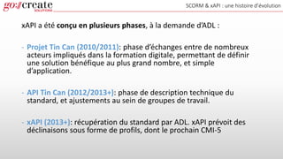 SCORM & xAPI : une histoire d’évolution
xAPI a été conçu en plusieurs phases, à la demande d’ADL :
- Projet Tin Can (2010/2011): phase d’échanges entre de nombreux
acteurs impliqués dans la formation digitale, permettant de définir
une solution bénéfique au plus grand nombre, et simple
d’application.
- API Tin Can (2012/2013+): phase de description technique du
standard, et ajustements au sein de groupes de travail.
- xAPI (2013+): récupération du standard par ADL. xAPI prévoit des
déclinaisons sous forme de profils, dont le prochain CMI-5
 