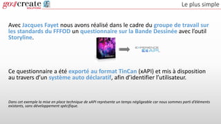Le plus simple
Avec Jacques Fayet nous avons réalisé dans le cadre du groupe de travail sur
les standards du FFFOD un questionnaire sur la Bande Dessinée avec l’outil
Storyline.
Ce questionnaire a été exporté au format TinCan (xAPI) et mis à disposition
au travers d’un système auto déclaratif, afin d’identifier l’utilisateur.
Dans cet exemple la mise en place technique de xAPI représente un temps négligeable car nous sommes parti d’éléments
existants, sans développement spécifique.
 