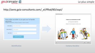 Le plus simple
http://aero.gaia-consultants.com/_el/fffod/BD/xapi/
Identification Contenu Storyline
 