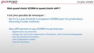Le plus simple
Mais quand choisir SCORM et quand choisir xAPI ?
Il est ainsi possible de remarquer :
- Qu’il n’y a pas d’intérêt à remplacer SCORM pour les productions
elearning à coûts maîtrisés
- Que xAPI permet ce que SCORM ne permet pas :
- Digitalisation du présentiel
- Partage des suivis entre apprenants et formateur, selon le besoin pédagogique
- Suivi de portails de formation
- Suivi d’application mobile
- Suivi de simulateur
- …
 