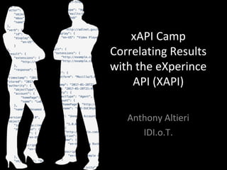 xAPI Camp
Correlating Results
with the eXperince
API (XAPI)
Anthony Altieri
IDI.o.T.
 