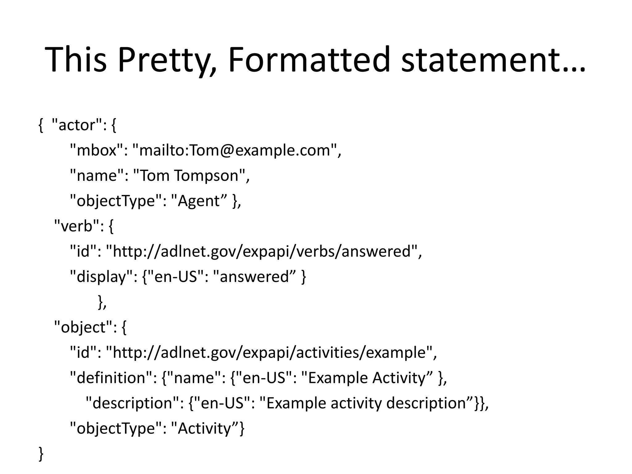 This Pretty, Formatted statement…
{ "actor": {
"mbox": "mailto:Tom@example.com",
"name": "Tom Tompson",
"objectType": "Agent” },
"verb": {
"id": "http://adlnet.gov/expapi/verbs/answered",
"display": {"en-US": "answered” }
},
"object": {
"id": "http://adlnet.gov/expapi/activities/example",
"definition": {"name": {"en-US": "Example Activity” },
"description": {"en-US": "Example activity description”}},
"objectType": "Activity”}
}
 