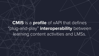 CMI5 is a proﬁle of xAPI that deﬁnes
“plug-and-play” interoperability between
learning content activities and LMSs.
 