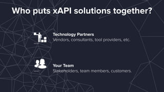 Who puts xAPI solutions together?
Technology Partners  
Vendors, consultants, tool providers, etc.
 
Your Team  
Stakeholders, team members, customers.
 