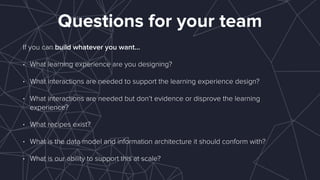 Questions for your team
If you can build whatever you want…
• What learning experience are you designing?
• What interactions are needed to support the learning experience design?
• What interactions are needed but don’t evidence or disprove the learning
experience?
• What recipes exist?
• What is the data model and information architecture it should conform with?
• What is our ability to support this at scale?
 