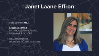 Janet Laane Eﬀron
• Data Scientist, HT2
• Lessons Learned 
DATA RULES: UNMEASURED
LEARNING’S DAY OFF
• http://investigating-
performance-0.launchrock.com
 