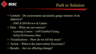 Path to Solution
• Content – Do assessments accurately gauge mastery of an
objective?
– SME & ISD Review & Update
• Data –...