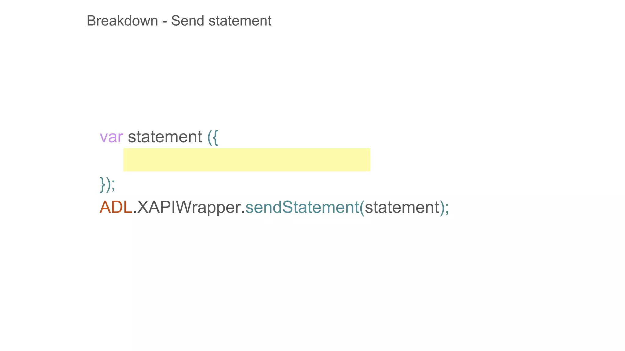 var statement ({
});
ADL.XAPIWrapper.sendStatement(statement);
Breakdown - Send statement
 