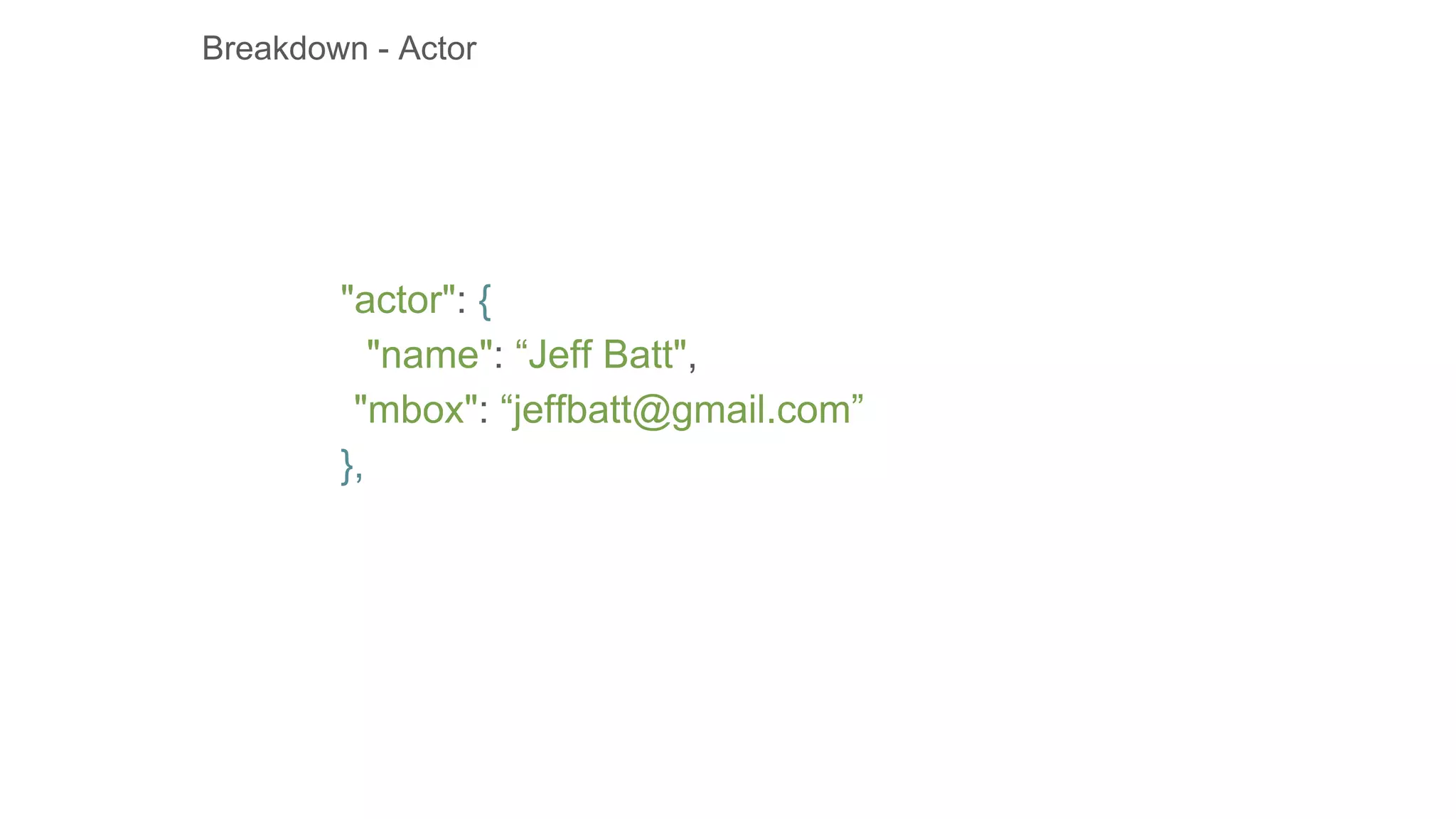 "actor": {
"name": “Jeff Batt",
"mbox": “jeffbatt@gmail.com”
},
Breakdown - Actor
 