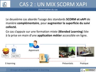 CAS 2 : UN MIX SCORM XAPI 
Présentation du cas 
Le deuxième cas aborde l’usage des standards SCORM et xAPI de 
manière complémentaire, pour augmenter la superficie du suivi 
collecté. 
Ce cas s’appuie sur une formation mixte (Blended Learning) liée 
à la prise en main d’une application métier accessible en ligne. 
Appli Web 
DATA 
Groupe de travail Standards e-learning 
SCORM 
E-learning Présentiels 
Pratique 
Apprenant 
 