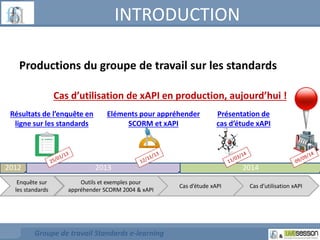 INTRODUCTION 
Productions du groupe de travail sur les standards 
Cas d’utilisation de xAPI en production, aujourd’hui ! 
2012 2013 2014 
Enquête sur 
les standards 
Outils et exemples pour 
appréhender SCORM 2004 & xAPI 
Groupe de travail Standards e-learning 
Cas d’étude xAPI Cas d’utilisation xAPI 
Résultats de l’enquête en 
ligne sur les standards 
Eléments pour appréhender 
SCORM et xAPI 
Présentation de 
cas d’étude xAPI 
 