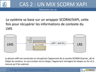 CAS 2 : UN MIX SCORM XAPI 
Réalisation du cas 
Le système se base sur un wrapper SCORM/XAPI, cette 
fois pour récupérer les informations de contexte du 
LMS 
LMS 
API 
SCORM 
2004 Contenu SCORM 
Cas à traiter 
Application en 
ligne (frame) 
Groupe de travail Standards e-learning 
LRS xAPI: I did this 
La phrase xAPI est construite en récupérant l’apprenant de la couche SCORM (learner_id) et 
l’objet du contenu. Le cas à traiter est en étape, l’apprenant renseigne les étapes au fur et à 
mesure qu’il les exécute. 
 