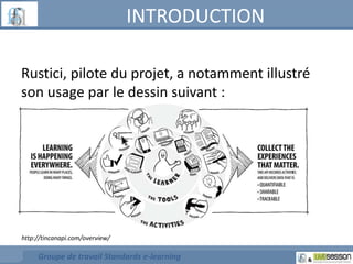 INTRODUCTION 
Rustici, pilote du projet, a notamment illustré 
son usage par le dessin suivant : 
http://tincanapi.com/overview/ 
Groupe de travail Standards e-learning 
 