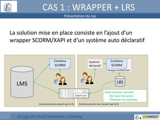 CAS 1 : WRAPPER + LRS 
La solution mise en place consiste en l’ajout d’un 
wrapper SCORM/XAPI et d’un système auto déclaratif 
LMS 
Contenu 
SCORM 
Export suivi 
Wrapper SCORM/XAPI 
Environnement couvert par le SI Environnement non couvert par le SI 
Groupe de travail Standards e-learning 
Contenu 
SCORM 
Cette solution permet : 
- De tracer les accès 
- D’évaluer les résultats 
Système 
déclaratif 
LRS 
Présentation du cas 
 