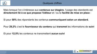 Mais lorsque l’on s’intéresse aux contenus sur étagère, l’usage des standards est
directement lié à ce que propose l’éditeur et / ou la facilité de mise en place :
Si pour 50% des répondants les contenus communiquent selon un standard,
Pour 29,2% c’est le fournisseur du contenu qui transmet les informations de suivi
Et pour 12,5% les contenus ne transmettent aucun suivi
Quelques chiffres
 